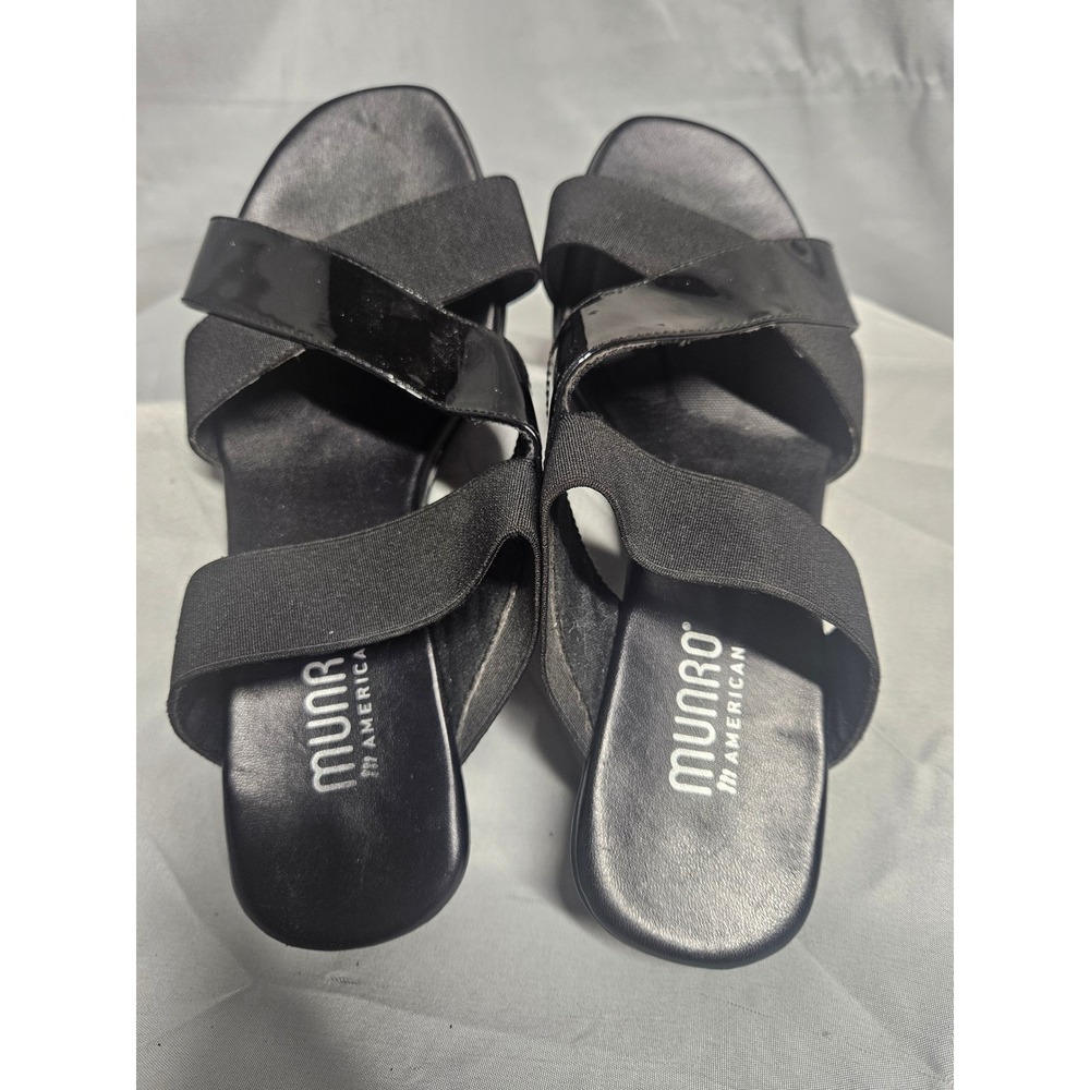 Munro American Womens 6.5 WW Black Patent Elastic Low Block Heel Slide Sandals - Picture 4 of 8